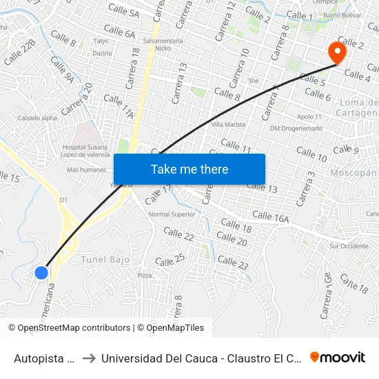 Autopista Sur to Universidad Del Cauca - Claustro El Carmen map