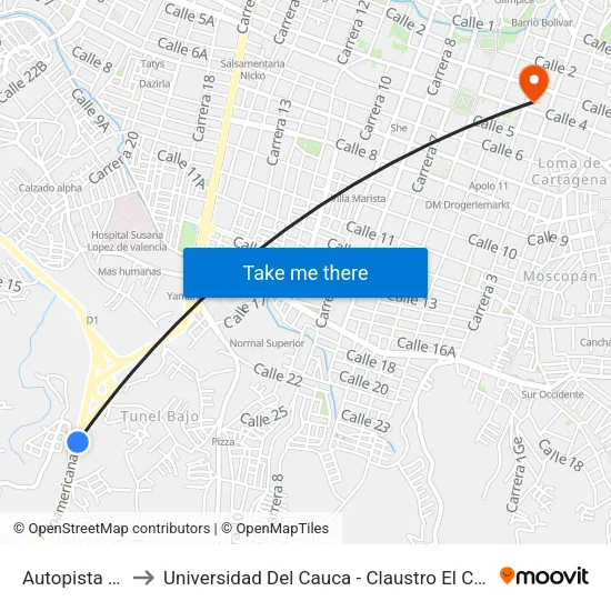Autopista Sur to Universidad Del Cauca - Claustro El Carmen map