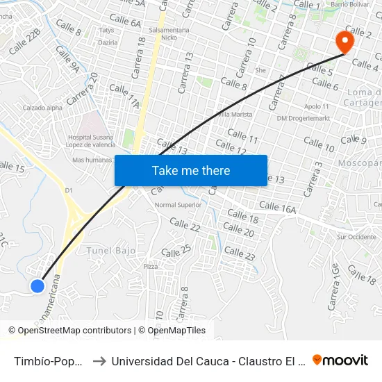 Timbío-Popayán to Universidad Del Cauca - Claustro El Carmen map