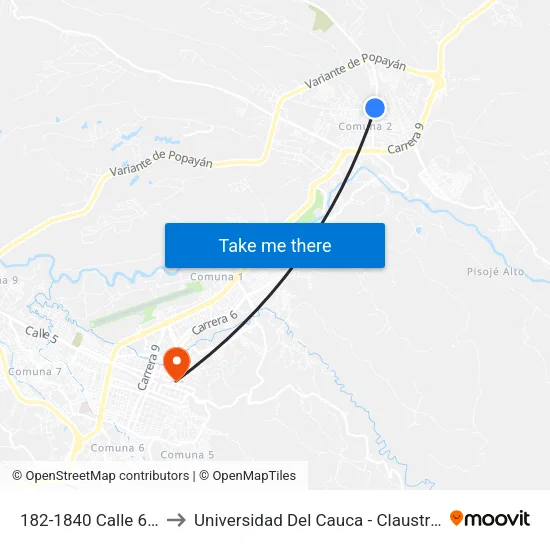 182-1840 Calle 65 Norte to Universidad Del Cauca - Claustro El Carmen map