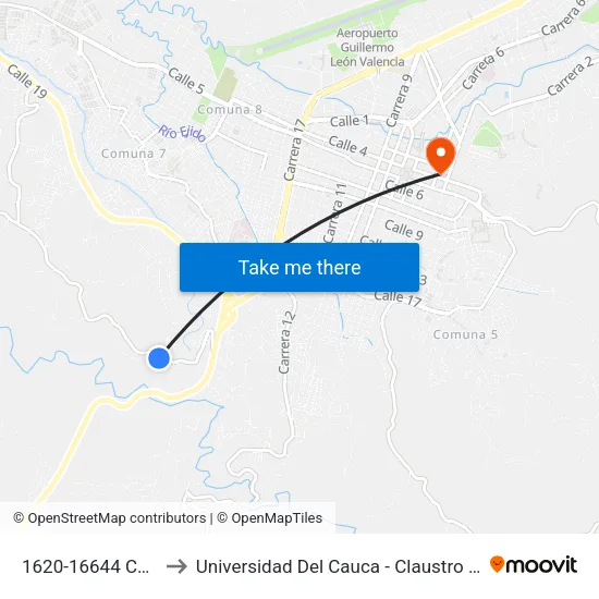 1620-16644 Calle 23 to Universidad Del Cauca - Claustro El Carmen map
