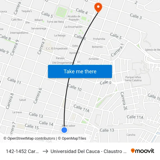 142-1452 Carrera 3 to Universidad Del Cauca - Claustro El Carmen map