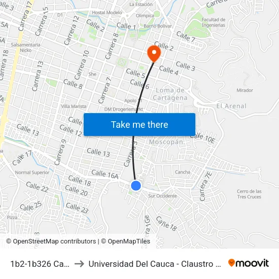 1b2-1b326 Calle 17 to Universidad Del Cauca - Claustro El Carmen map
