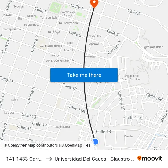 141-1433 Carrera 2e to Universidad Del Cauca - Claustro El Carmen map