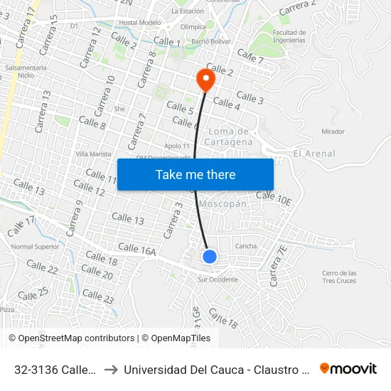32-3136 Calle 15be to Universidad Del Cauca - Claustro El Carmen map