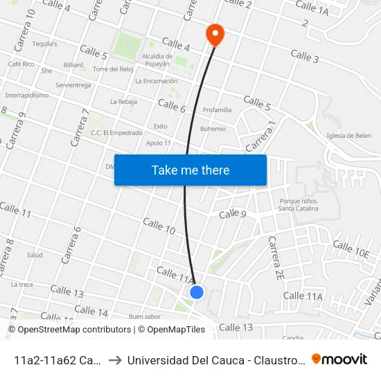 11a2-11a62 Carrera 1 to Universidad Del Cauca - Claustro El Carmen map