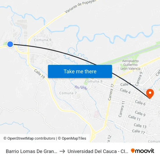 Barrio Lomas De Granada Carrera 57 to Universidad Del Cauca - Claustro El Carmen map
