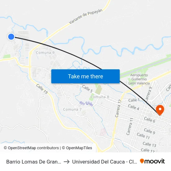 Barrio Lomas De Granada Carrera 50 to Universidad Del Cauca - Claustro El Carmen map