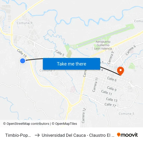 Timbío-Popayán to Universidad Del Cauca - Claustro El Carmen map