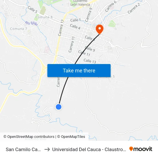 San Camilo Carrera 9 to Universidad Del Cauca - Claustro El Carmen map