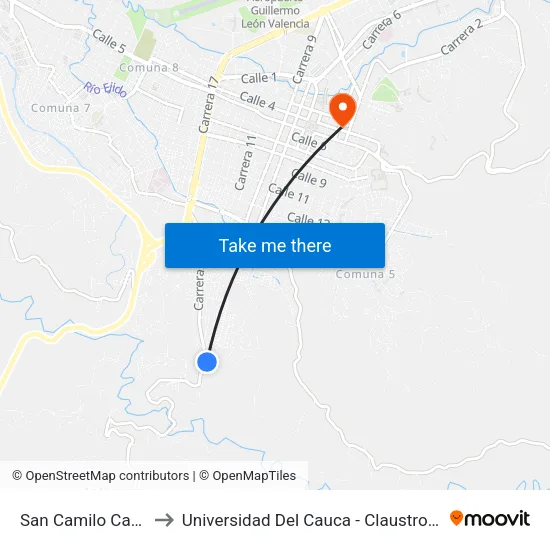 San Camilo Carrera 9 to Universidad Del Cauca - Claustro El Carmen map