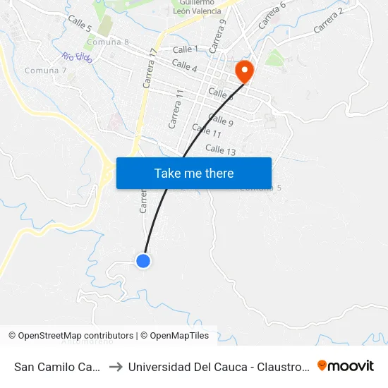 San Camilo Carrera 9 to Universidad Del Cauca - Claustro El Carmen map