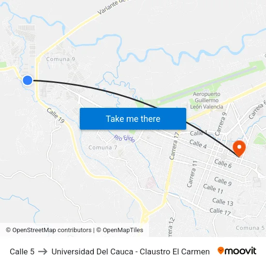 Calle 5 to Universidad Del Cauca - Claustro El Carmen map