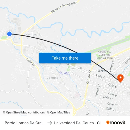 Barrio Lomas De Granada Calle 3 B to Universidad Del Cauca - Claustro El Carmen map