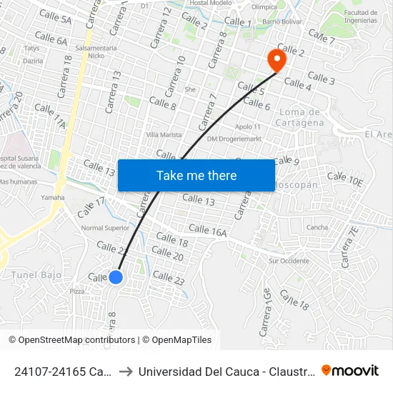 24107-24165 Carrera 10 to Universidad Del Cauca - Claustro El Carmen map