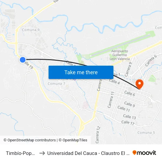Timbío-Popayán to Universidad Del Cauca - Claustro El Carmen map
