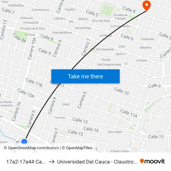 17a2-17a44 Carrera 9 to Universidad Del Cauca - Claustro El Carmen map