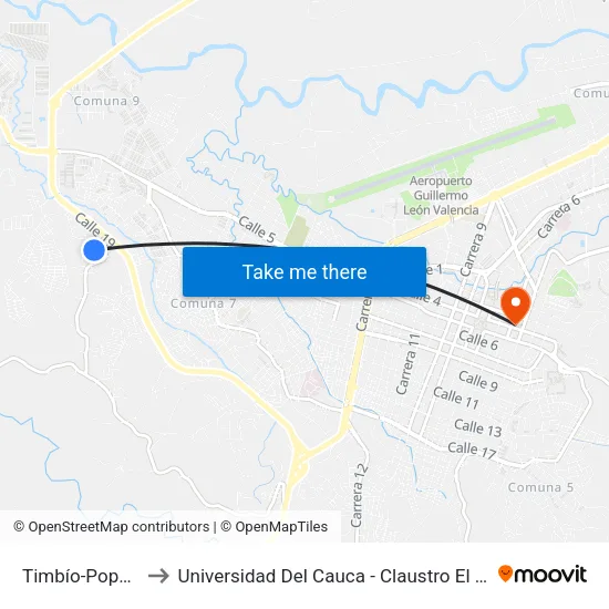 Timbío-Popayán to Universidad Del Cauca - Claustro El Carmen map