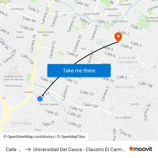 Calle 17 to Universidad Del Cauca - Claustro El Carmen map