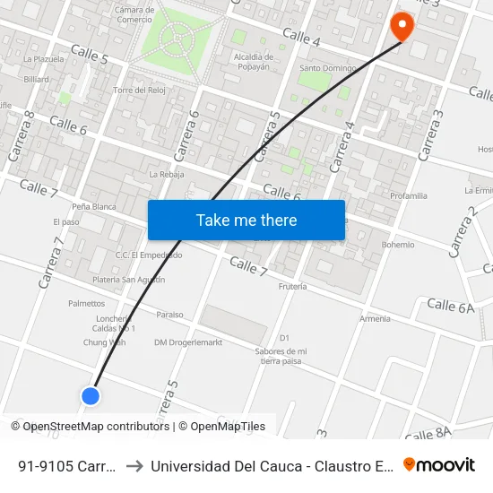 91-9105 Carrera 6 to Universidad Del Cauca - Claustro El Carmen map