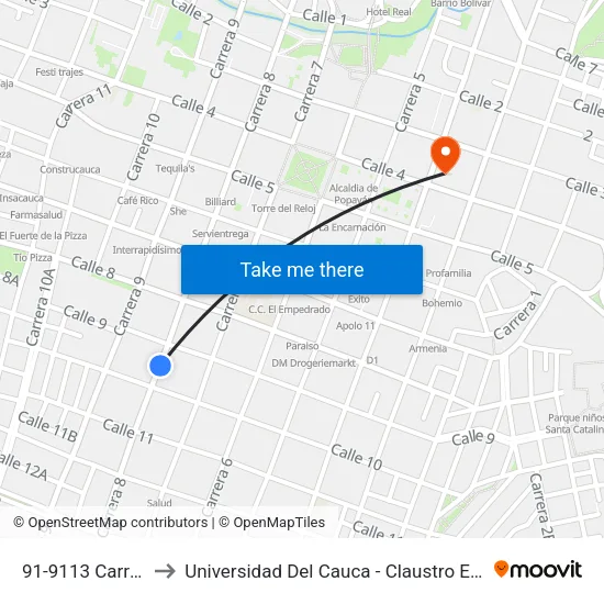 91-9113 Carrera 8 to Universidad Del Cauca - Claustro El Carmen map