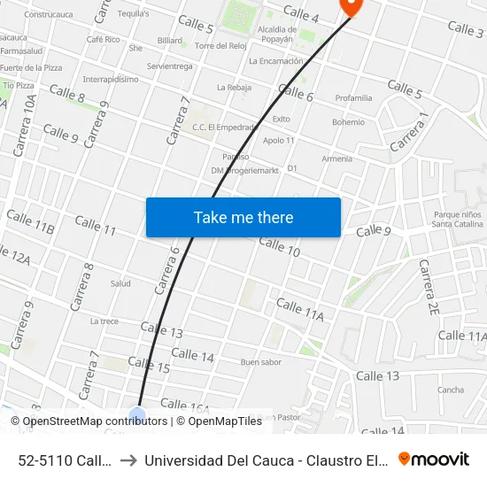 52-5110 Calle 17 to Universidad Del Cauca - Claustro El Carmen map