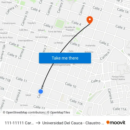 111-11111 Carrera 6 to Universidad Del Cauca - Claustro El Carmen map