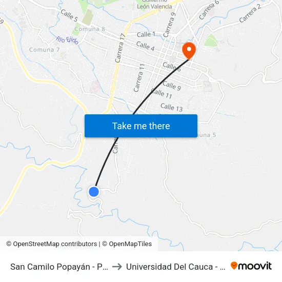 San Camilo Popayán - Paispamba (Sotará) to Universidad Del Cauca - Claustro El Carmen map