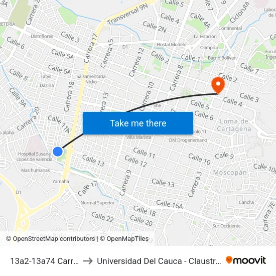 13a2-13a74 Carrera 17a to Universidad Del Cauca - Claustro El Carmen map
