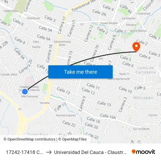 17242-17418 Calle 17 to Universidad Del Cauca - Claustro El Carmen map