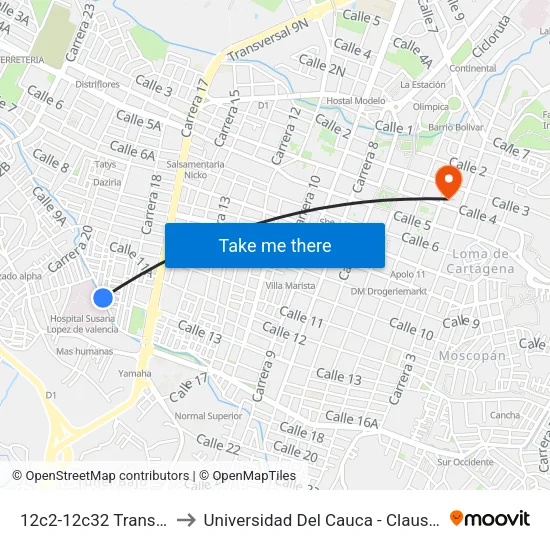 12c2-12c32 Transversal 20 to Universidad Del Cauca - Claustro El Carmen map
