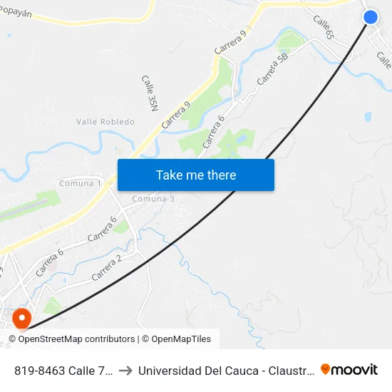 819-8463 Calle 71 Norte to Universidad Del Cauca - Claustro El Carmen map