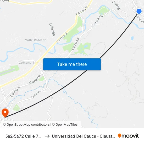 5a2-5a72 Calle 70b Norte to Universidad Del Cauca - Claustro El Carmen map
