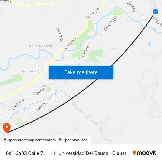 6a1-6a33 Calle 70b Norte to Universidad Del Cauca - Claustro El Carmen map