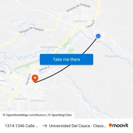 1314-1346 Calle 70b Norte to Universidad Del Cauca - Claustro El Carmen map