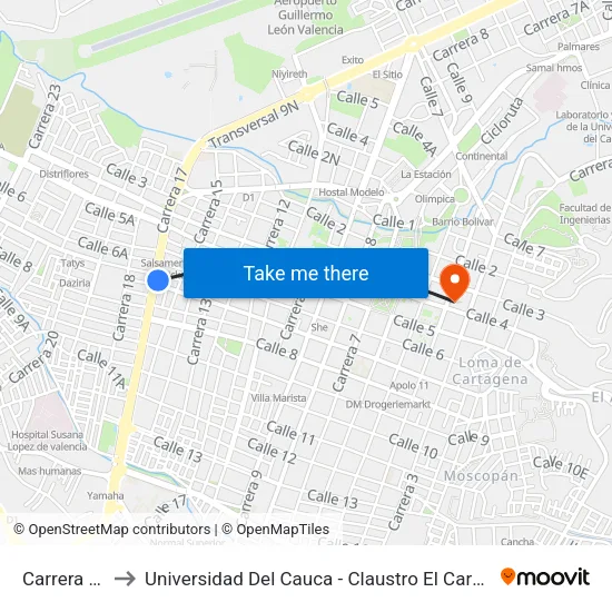 Carrera 17 to Universidad Del Cauca - Claustro El Carmen map