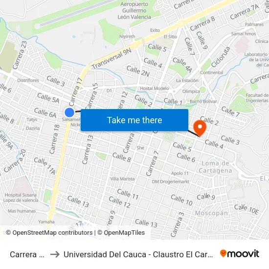 Carrera 17 to Universidad Del Cauca - Claustro El Carmen map