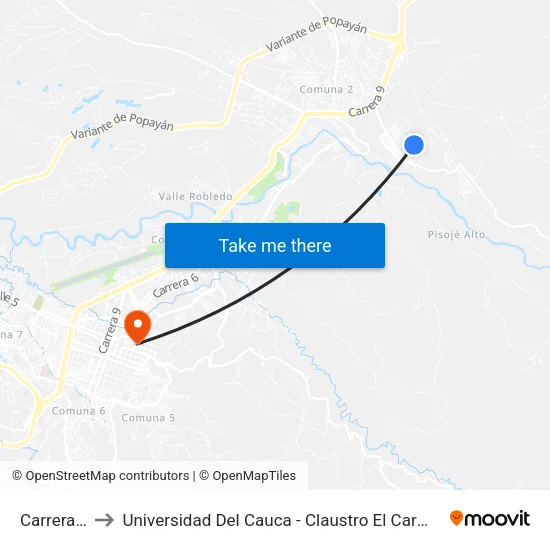 Carrera 4 to Universidad Del Cauca - Claustro El Carmen map