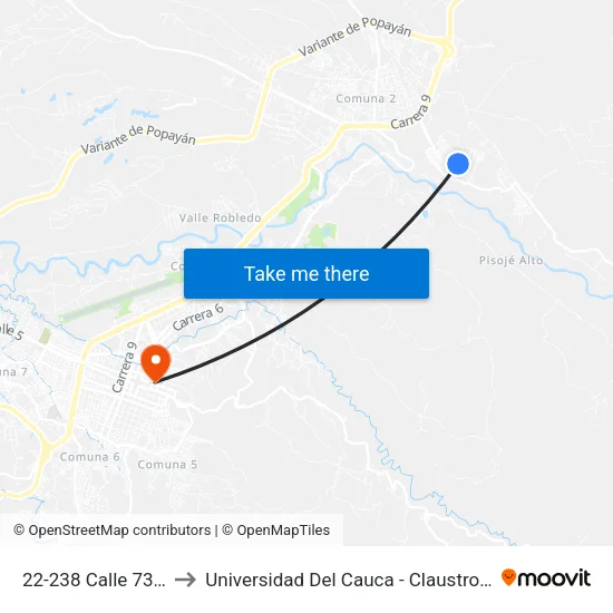 22-238 Calle 73 Norte to Universidad Del Cauca - Claustro El Carmen map