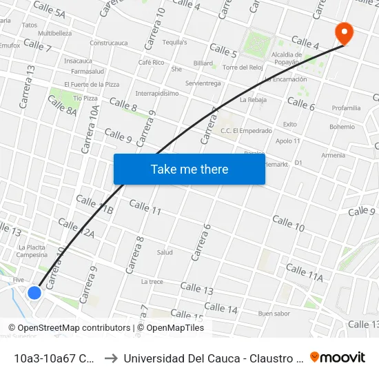 10a3-10a67 Calle 17 to Universidad Del Cauca - Claustro El Carmen map