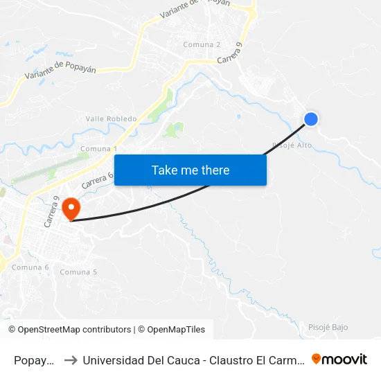 Popayan to Universidad Del Cauca - Claustro El Carmen map