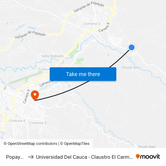 Popayan to Universidad Del Cauca - Claustro El Carmen map
