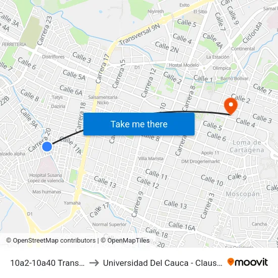 10a2-10a40 Transversal 20 to Universidad Del Cauca - Claustro El Carmen map