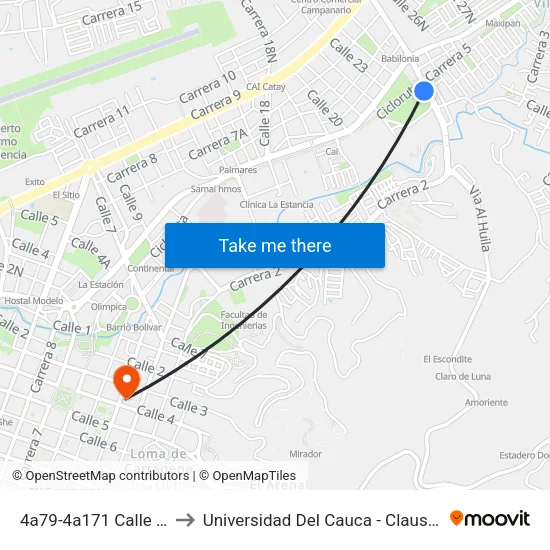 4a79-4a171 Calle 25 Norte to Universidad Del Cauca - Claustro El Carmen map