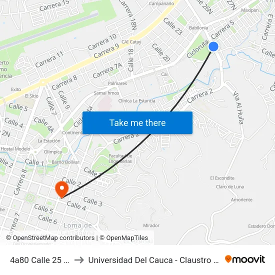 4a80 Calle 25 Norte to Universidad Del Cauca - Claustro El Carmen map