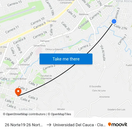26 Norte19-26 Norte63 Carrera 4 to Universidad Del Cauca - Claustro El Carmen map