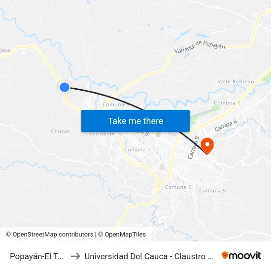 Popayán-El Tambo to Universidad Del Cauca - Claustro El Carmen map