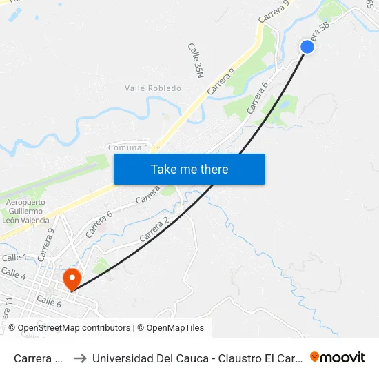 Carrera 5 B to Universidad Del Cauca - Claustro El Carmen map