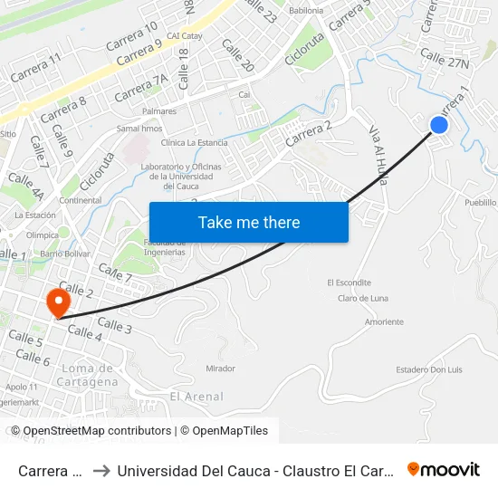 Carrera 1e to Universidad Del Cauca - Claustro El Carmen map