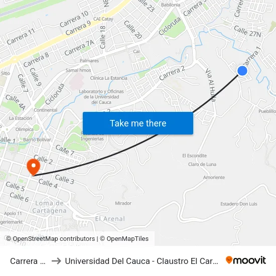 Carrera 1e to Universidad Del Cauca - Claustro El Carmen map